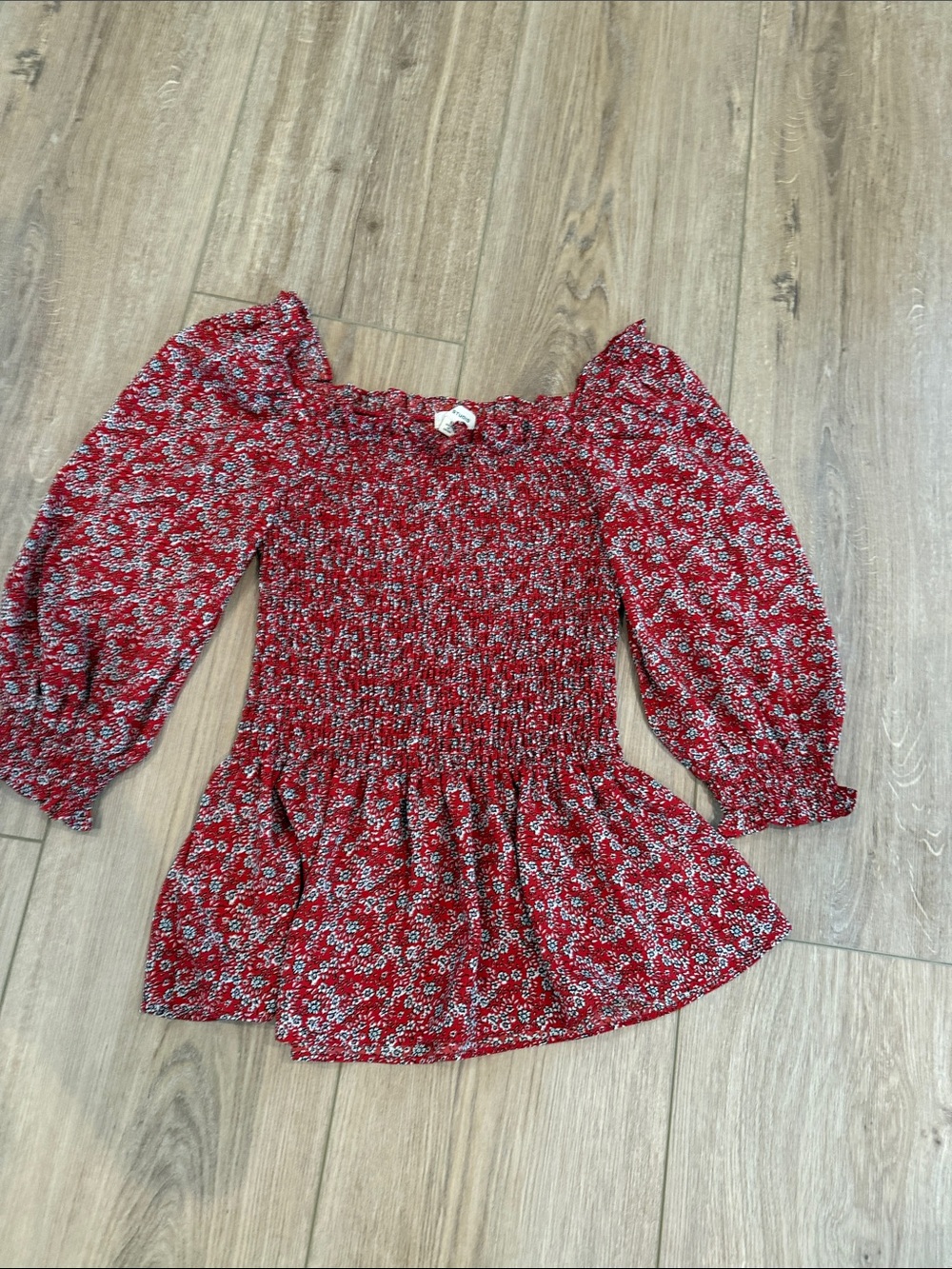 Max Studio Red Floral Smocked Peasant Blouse